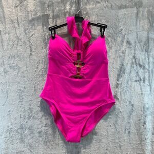Soluna Swim Womens Hot Pink Ruffle Halter Cutout One Piece Swimsuit XL NEW